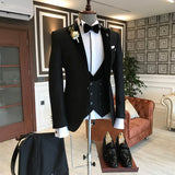 Three-Piece Black Summer Wedding Suit for Groom with Peaked Lapel