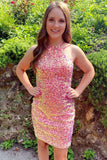 Tie Back Hot Pink Sequins Homecoming Dress