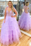 Tie Straps Illusion Crew Neck Lavender Ruffle Prom Dress