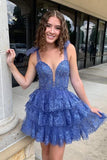 Tie Straps Light Blue Sheer Corset Tiered Short Homecoming Dress