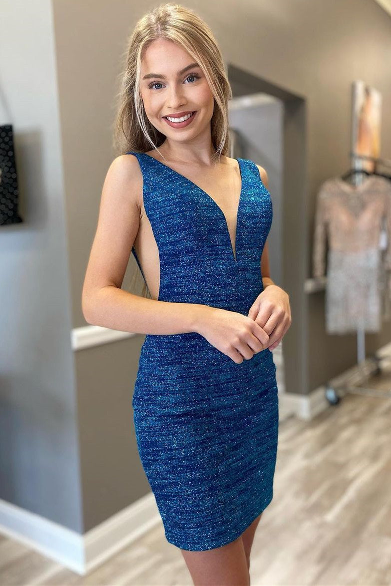 Tight Sparke Blue V-Neck Homecoming Dress