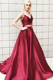 Two Piece Burgundy Long Satin Prom Dress