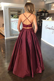 Two Piece Criss Cross Back Maroon Long prom Dress with Lace Top