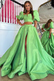 Two Piece Green Balloon Sleeves Long Prom Dress with Slit