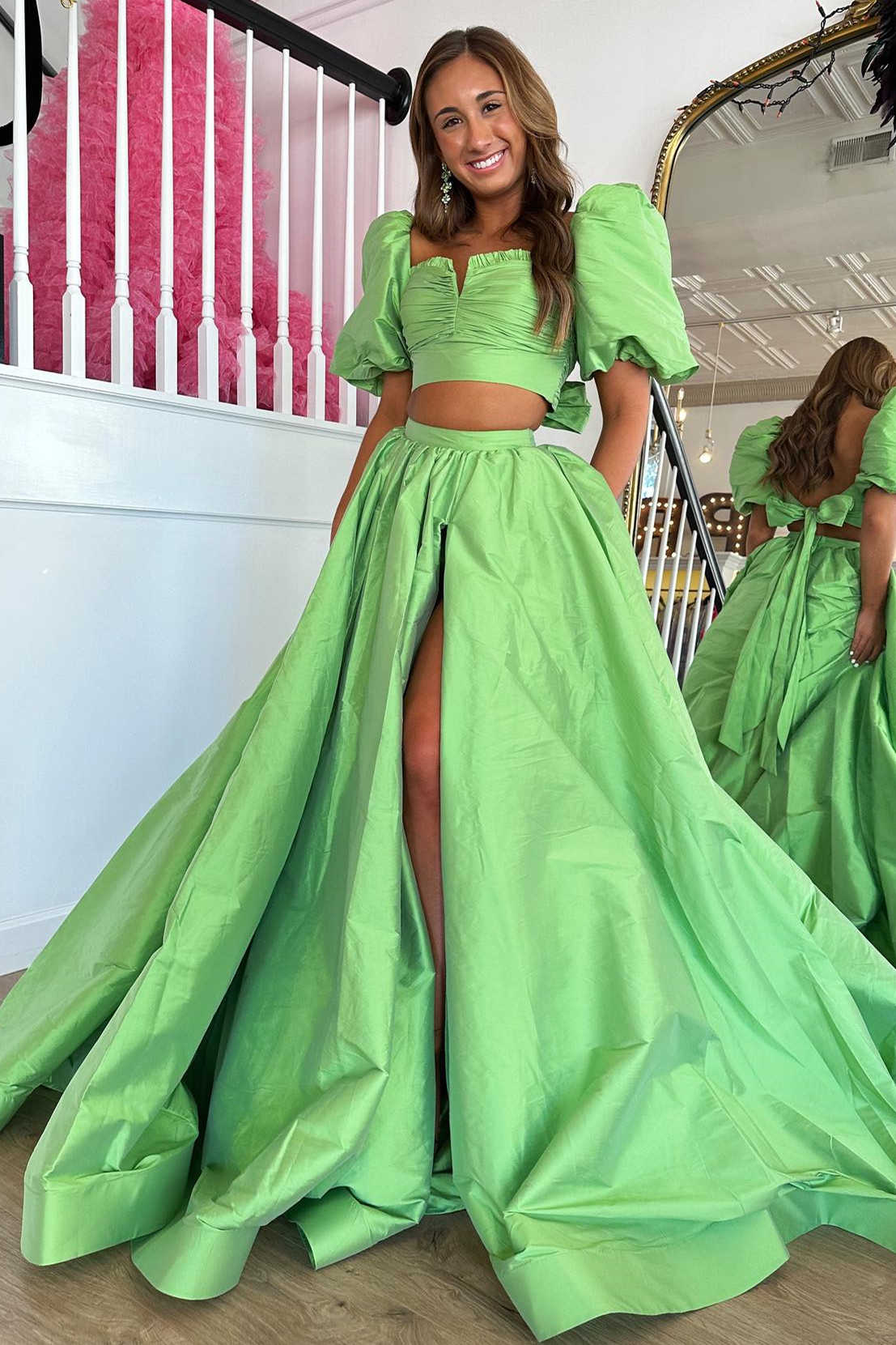 Two Piece Green Balloon Sleeves Long Prom Dress with Slit