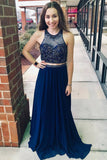 Two Piece Jewel Beaded Navy Blue Long Prom Dress with Keyhole Back