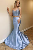 Two Piece Mermaid Long Dusty Blue Prom Dress