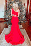 Two Piece One Shoulder Red Long Prom Dress with Tassel