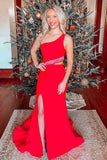 Two Piece One Shoulder Red Long Prom Dress with Tassel