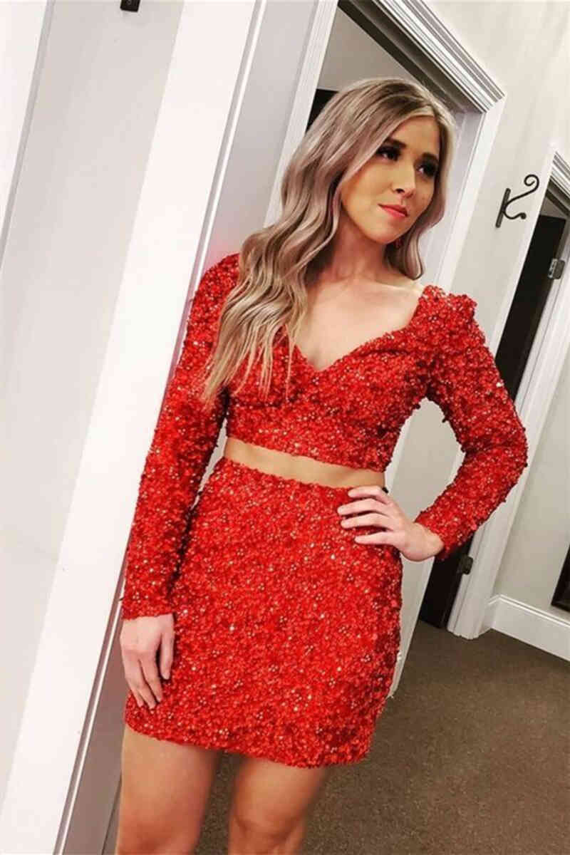 Two Piece Red Sequined Tight Homecoming Dress with Long Sleeves