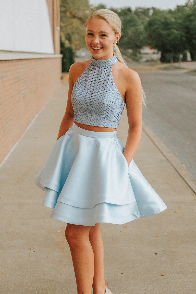 Two Piece Short Light Sky Blue Homecoming Dress with Pockets