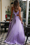 Two Piece Straps Lavender Long Prom Dress with Bowknot Back