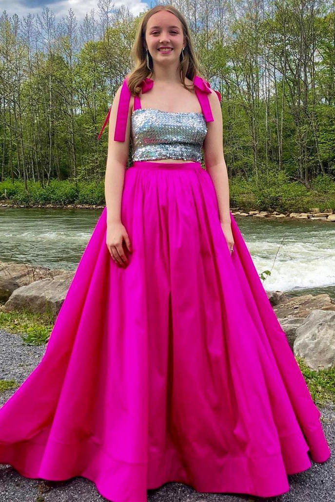 Two Piece Tie Shoulder Fuchsia Prom Dress with Sequined Top