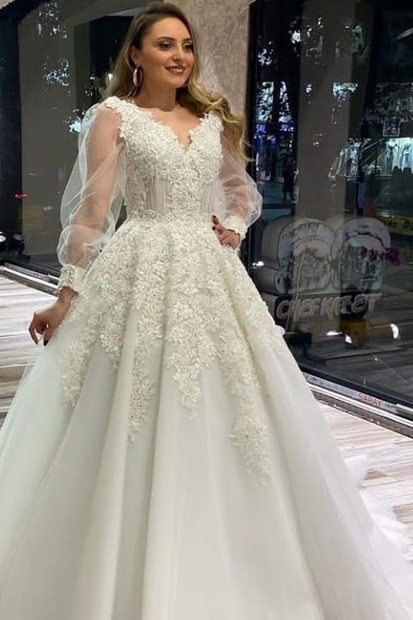 Unique A-Line V-neck Wedding Dress With Appliques Lace Tulle Puffy Long Sleeves