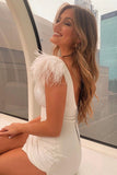 V-Back Feather Shoulder Pleated Tight Homecoming Dress