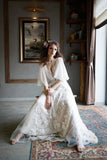 V-Neck A-Line Chiffon Lace Boho Wedding Dress with Belt