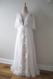 V-Neck A-Line Chiffon Lace Boho Wedding Dress with Belt