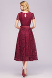 V Neck A Line Tea Length Floral Lace Formal Dress with Sleeves