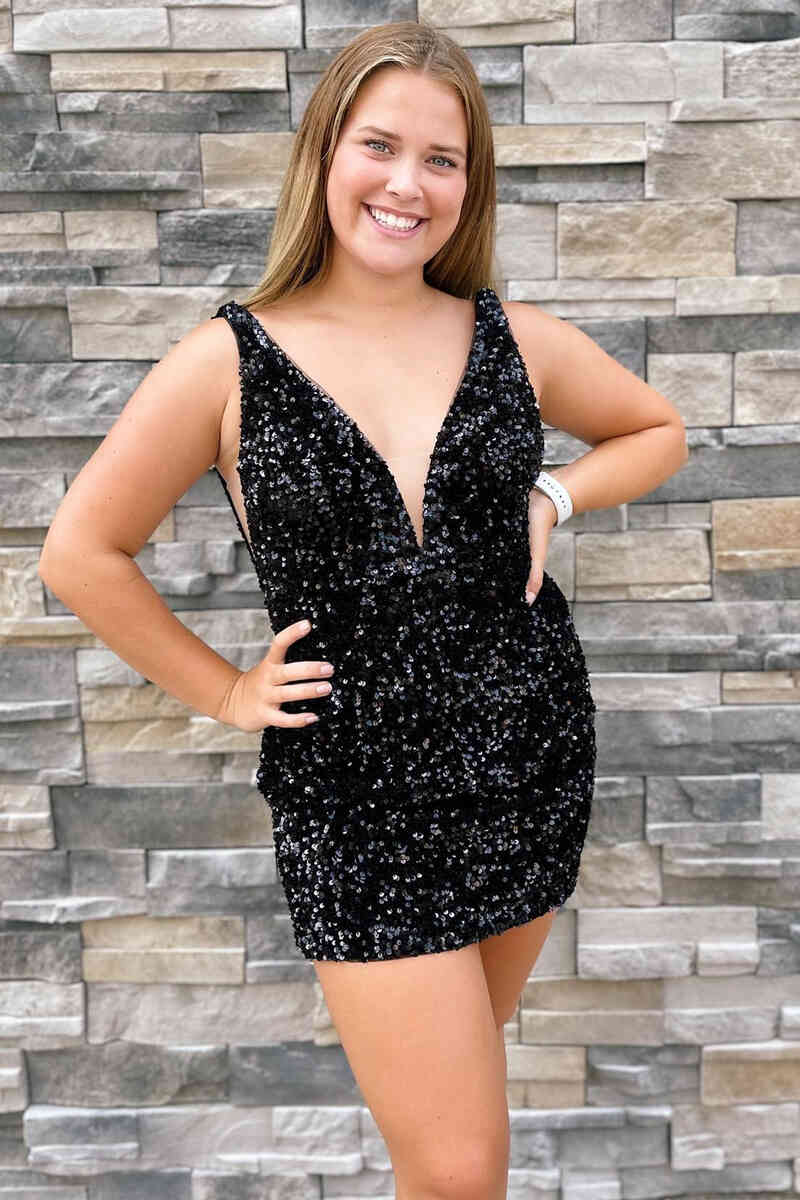 V-Neck Backless Black Sequins Mini Homecoming Dress