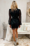 V-Neck Black Sequins Long Sleeves Shor Homecoming Dress