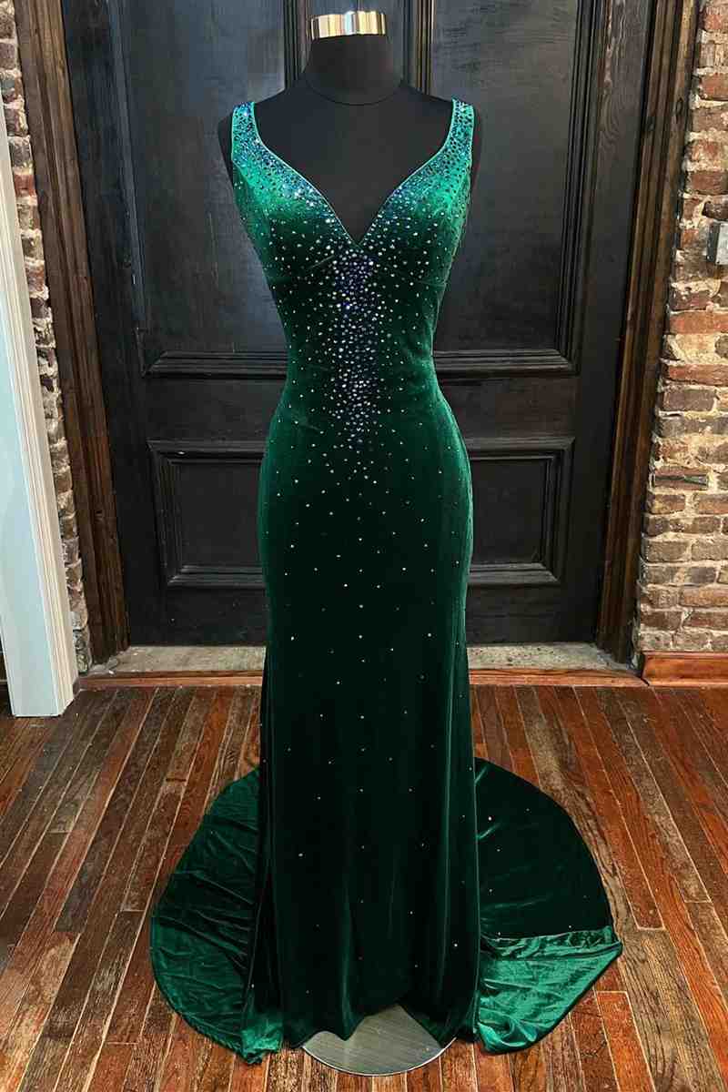 V-Neck Dark Green Velvet Long Prom Dress with Rhinestones