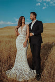 V-Neck Empire Mermaid Wedding Dress with Lace Beading