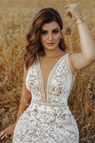 V-Neck Empire Mermaid Wedding Dress with Lace Beading