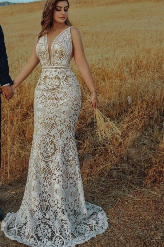 V-Neck Empire Mermaid Wedding Dress with Lace Beading