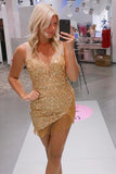 V-Neck Gold Sequin Bodycon Homecoming Dress with Tassel