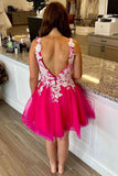 V-Neck Hot Pink Tulle Homecoming Dress with White Appliques