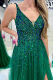 V-Neck Hunter Green Beaded Tulle Prom Dress with Slit