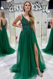 V-Neck Hunter Green Beaded Tulle Prom Dress with Slit