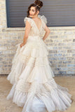 V-Neck Ivory Appliques Tiered Tulle Prom Dress with Flying Sleeves