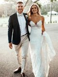 V-Neck Lace Sheath/Column Wedding Dress with Sweep Train