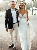 V-Neck Lace Sheath/Column Wedding Dress with Sweep Train