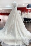 V-Neck Long A-Line Spaghetti Strap Backless Wedding Dress with Tulle Lace