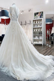 V-Neck Long A-Line Spaghetti Strap Backless Wedding Dress with Tulle Lace