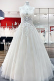 V-Neck Long A-Line Spaghetti Strap Backless Wedding Dress with Tulle Lace