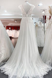 V-Neck Long A-Line Tulle Wedding Dress with Lace Appliques