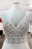 V-Neck Long A-Line Tulle Wedding Dress with Lace Appliques