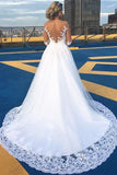 V-Neck Long Sleeve A-Line Wedding Dress with Lace