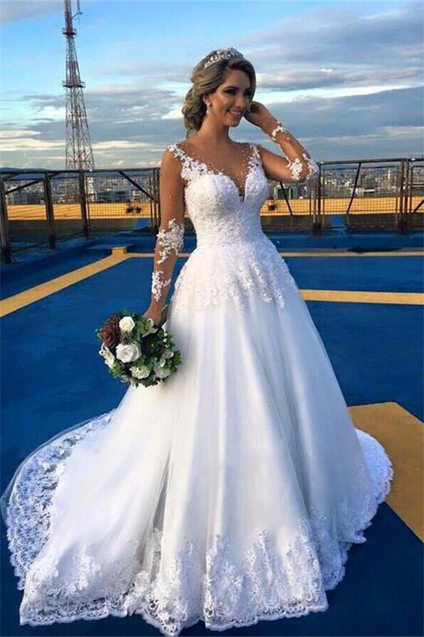 V-Neck Long Sleeve A-Line Wedding Dress with Lace