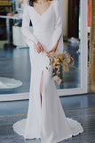 V-Neck Long Sleeve Slit Wedding Dress