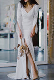 V-Neck Long Sleeve Slit Wedding Dress