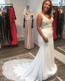 V-Neck Open Back Spaghetti Strap Mermaid Wedding Dress with Floor-Length Satin and Lace Appliques