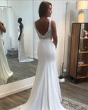 V-Neck Open Back Spaghetti Strap Mermaid Wedding Dress with Floor-Length Satin and Lace Appliques