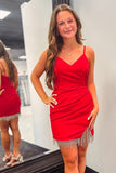 V-Neck Red Pleated Homecoming Dress with Tassels