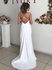 V-neck Silk-like Satin Sheath/Column Wedding Dress with Split Front and Sweep Train