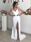 V-neck Silk-like Satin Sheath/Column Wedding Dress with Split Front and Sweep Train