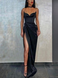 V-neck Silk-like Satin Split Front Prom Dress with Sheath/Column Floor-length Design